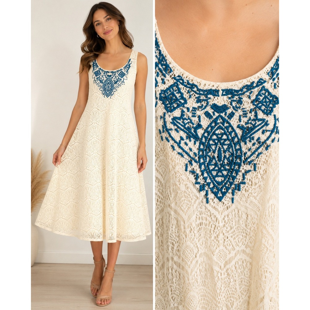 Signature by Robbie Bee Lace Dress Embroidered‎ Neckline Women M Cream Boho
